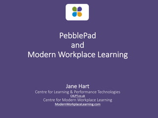 PebblePad
and
Modern Workplace Learning
Jane Hart
Centre for Learning & Performance Technologies
C4LPT.co.uk
Centre for Modern Workplace Learning
ModernWorkplaceLearning.com
 