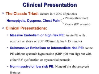 Clinical PresentationClinical Presentation

The Classic Triad: Occurs in < 20% of patients
Hemoptysis, Dyspnea, Chest Pain

Clinical Presentations:
• Massive Embolism or high risk PE: Acute PE with
obstructive shock or SBP <90 mmHg for > 15 minutes
• Submassive Embolism or intermediate risk PE: Acute
PE without systemic hypotension (SBP ≥90 mm Hg) but with
either RV dysfunction or myocardial necrosis
• Non-massive or low risk PE: None of the above severe
features.
Pleuritic (Infarction)
Central (RV ischemia)
 