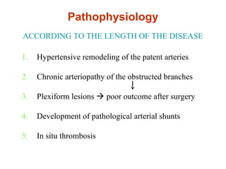 1. Hypertensive remodeling of the patent arteries
2. Chronic arteriopathy of the obstructed branches
3. Plexiform lesions  poor outcome after surgery
4. Development of pathological arterial shunts
5. In situ thrombosis
ACCORDING TO THE LENGTH OF THE DISEASE
Pathophysiology
 