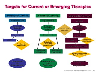 Humbert M et al. N Engl J Med. 2004;351:1425-1436.
Targets for Current or Emerging TherapiesTargets for Current or Emerging Therapies
Big EndothelinBig Endothelin
Endothelin-Endothelin-
convertingconverting
EnzymeEnzyme
EndothelinEndothelin
Receptor AReceptor A
EndothelinEndothelin
Receptor BReceptor B
VasoconstrictionVasoconstriction
andand
ProliferationProliferation
Endothelin
Receptor
Antagonists
Endothelin-1Endothelin-1
Endothelin PathwayEndothelin Pathway
ArginineArginine
Nitric OxideNitric Oxide
SynthaseSynthase
VasodilatationVasodilatation
andand
AntiproliferationAntiproliferation
Nitric OxideNitric Oxide
cGMPcGMP Exogenous
Nitric Oxide
Phosphodiesterase Type-5Phosphodiesterase Type-5
Phosphodiesterase
Type-5 Inhibitors
Nitric Oxide PathwayNitric Oxide Pathway
Arachidonic AcidArachidonic Acid
ProstacyclinProstacyclin
SynthaseSynthase
VasodilatationVasodilatation
andand
AntiproliferationAntiproliferation
ProstacyclinProstacyclin
cAMPcAMP
ProstacyclinProstacyclin
DerivativesDerivatives
Prostacyclin
Derivatives
Prostacyclin PathwayProstacyclin Pathway
Guanylate cyclase
stimulator
 