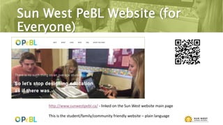 Sun West PeBL Website (for
Everyone)
http://www.sunwestpebl.ca/ - linked on the Sun West website main page
This is the student/family/community friendly website – plain language
 