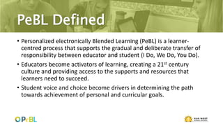 PeBL Defined
• Personalized electronically Blended Learning (PeBL) is a learner-
centred process that supports the gradual and deliberate transfer of
responsibility between educator and student (I Do, We Do, You Do).
• Educators become activators of learning, creating a 21st century
culture and providing access to the supports and resources that
learners need to succeed.
• Student voice and choice become drivers in determining the path
towards achievement of personal and curricular goals.
 