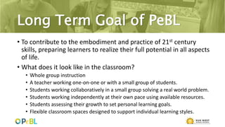 Long Term Goal of PeBL
• To contribute to the embodiment and practice of 21st century
skills, preparing learners to realize their full potential in all aspects
of life.
• What does it look like in the classroom?
• Whole group instruction
• A teacher working one-on-one or with a small group of students.
• Students working collaboratively in a small group solving a real world problem.
• Students working independently at their own pace using available resources.
• Students assessing their growth to set personal learning goals.
• Flexible classroom spaces designed to support individual learning styles.
 