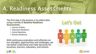 A. Readiness Assessments
The first step in the process is to collect data
using a variety of Baseline Readiness
Assessments:
• Learner Profiles
• Classroom Readiness
• School Readiness
• Division Readiness
With continuous evaluation and reflection on
our strengths, opportunities and challenges, we
can better understand and make decisions for
ourselves, learners, educators, and schools.
 
