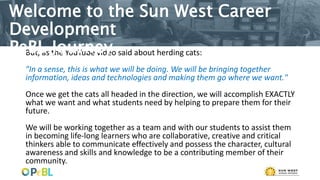 But, as the YouTube video said about herding cats:
"In a sense, this is what we will be doing. We will be bringing together
information, ideas and technologies and making them go where we want."
Once we get the cats all headed in the direction, we will accomplish EXACTLY
what we want and what students need by helping to prepare them for their
future.
We will be working together as a team and with our students to assist them
in becoming life-long learners who are collaborative, creative and critical
thinkers able to communicate effectively and possess the character, cultural
awareness and skills and knowledge to be a contributing member of their
community.
Welcome to the Sun West Career
Development
PeBL Journey
 