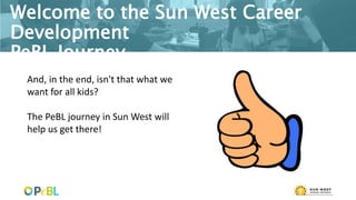 And, in the end, isn't that what we
want for all kids?
The PeBL journey in Sun West will
help us get there!
Welcome to the Sun West Career
Development
PeBL Journey
 