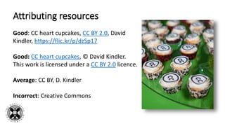Attributing resources
Good: CC heart cupcakes, CC BY 2.0, David
Kindler, https://flic.kr/p/dzSp17
Good: CC heart cupcakes, © David Kindler.
This work is licensed under a CC BY 2.0 licence.
Average: CC BY, D. Kindler
Incorrect: Creative Commons
 