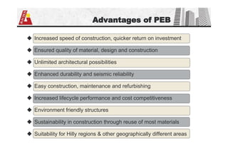 Advantages of PEB
 Increased speed of construction, quicker return on investment
 Ensured quality of material, design and construction
 Unlimited architectural possibilities
 Enhanced durability and seismic reliability
 Easy construction, maintenance and refurbishing
 Increased lifecycle performance and cost competitiveness
 Environment friendly structures
 Sustainability in construction through reuse of most materials
 Suitability for Hilly regions & other geographically different areas
 