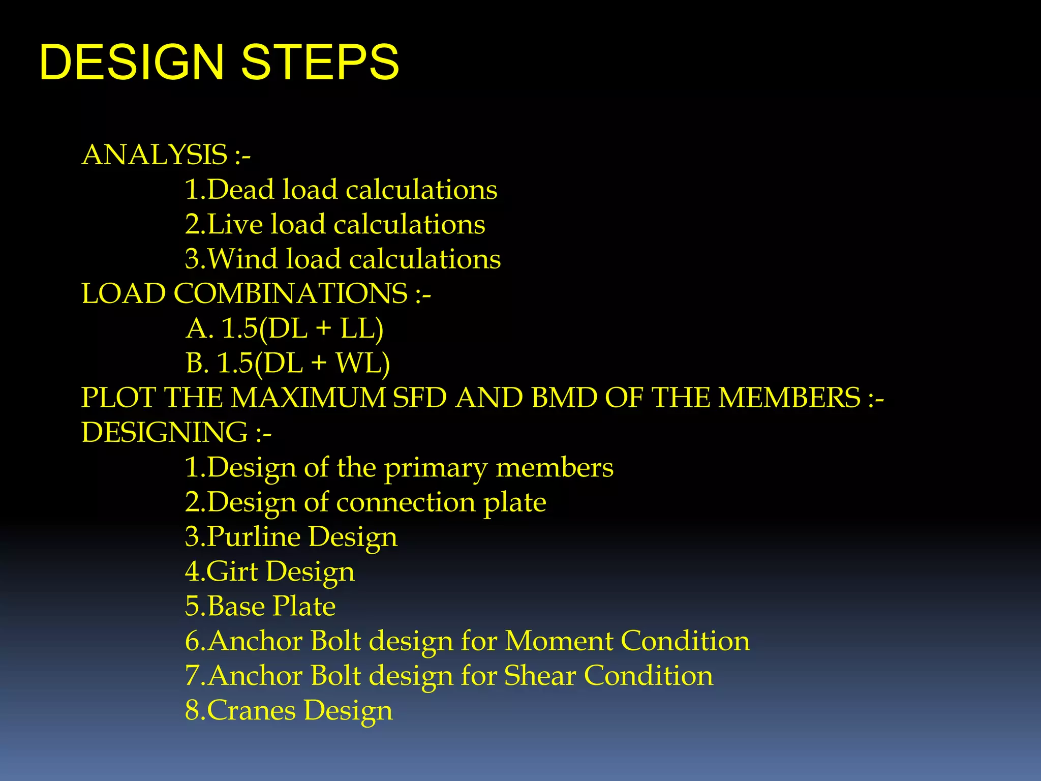 ANALYSIS :-
1.Dead load calculations
2.Live load calculations
3.Wind load calculations
LOAD COMBINATIONS :-
A. 1.5(DL + LL)
B. 1.5(DL + WL)
PLOT THE MAXIMUM SFD AND BMD OF THE MEMBERS :-
DESIGNING :-
1.Design of the primary members
2.Design of connection plate
3.Purline Design
4.Girt Design
5.Base Plate
6.Anchor Bolt design for Moment Condition
7.Anchor Bolt design for Shear Condition
8.Cranes Design
DESIGN STEPS
 