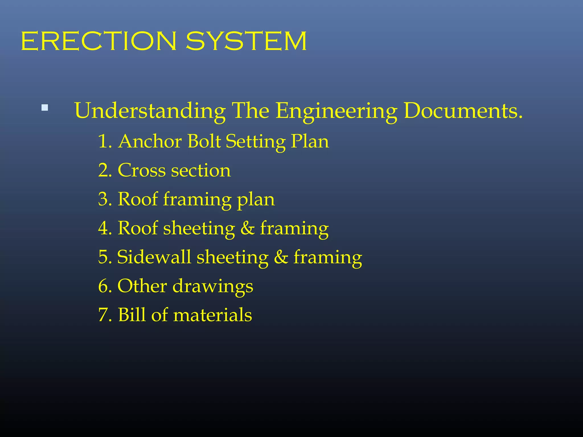 ERECTION SYSTEM
 Understanding The Engineering Documents.
1. Anchor Bolt Setting Plan
2. Cross section
3. Roof framing plan
4. Roof sheeting & framing
5. Sidewall sheeting & framing
6. Other drawings
7. Bill of materials
 