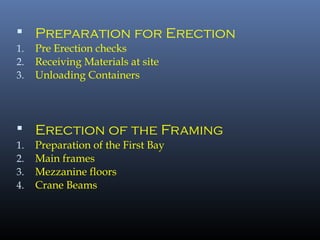  Preparation for Erection
1. Pre Erection checks
2. Receiving Materials at site
3. Unloading Containers
 Erection of the Framing
1. Preparation of the First Bay
2. Main frames
3. Mezzanine floors
4. Crane Beams
 