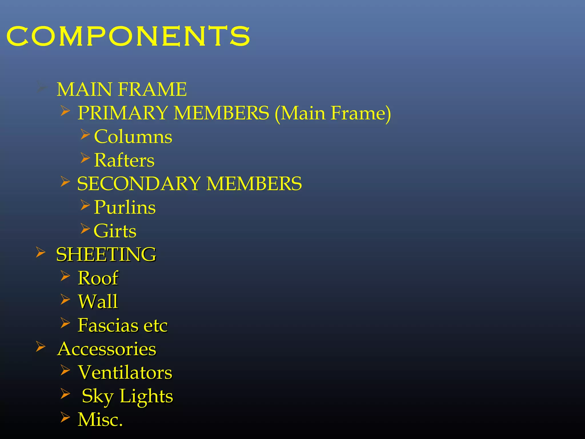 COMPONENTS
 MAIN FRAME
 PRIMARY MEMBERS (Main Frame)
Columns
Rafters
 SECONDARY MEMBERS
Purlins
Girts
 SHEETINGSHEETING
 RoofRoof
 WallWall
 Fascias etcFascias etc
 AccessoriesAccessories
 VentilatorsVentilators
 Sky LightsSky Lights
 Misc.Misc.
 