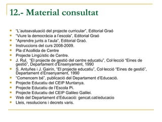 12.- Material consultat <ul><li>“ L’autoavaluació del projecte curricular”, Editorial Graó </li></ul><ul><li>“ Viure la de...