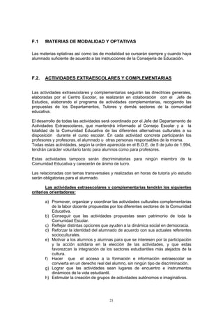 F.1    MATERIAS DE MODALIDAD Y OPTATIVAS

Las materias optativas así como las de modalidad se cursarán siempre y cuando haya
alumnado suficiente de acuerdo a las instrucciones de la Consejería de Educación.



F.2.   ACTIVIDADES EXTRAESCOLARES Y COMPLEMENTARIAS


Las actividades extraescolares y complementarias seguirán las directrices generales,
elaboradas por el Centro Escolar, se realizarán en colaboración con el Jefe de
Estudios, elaborando el programa de actividades complementarias, recogiendo las
propuestas de los Departamentos, Tutores y demás sectores de la comunidad
educativa.

El desarrollo de todas las actividades será coordinado por el Jefe del Departamento de
Actividades Extraescolares, que mantendrá informado al Consejo Escolar y a la
totalidad de la Comunidad Educativa de las diferentes alternativas culturales a su
disposición durante el curso escolar. En cada actividad concreta participarán los
profesores y profesoras, el alumnado u otras personas responsables de la misma.
Todas estas actividades, según la orden aparecida en el B.O.E. de 5 de julio de 1.994,
tendrán carácter voluntario tanto para alumnos como para profesores.

Estas actividades tampoco serán discriminatorias para ningún miembro de la
Comunidad Educativa y carecerán de ánimo de lucro.

Las relacionadas con temas transversales y realizadas en horas de tutoría y/o estudio
serán obligatorias para el alumnado.

        Las actividades extraescolares y complementarias tendrán los siguientes
criterios orientadores:

       a) Promover, organizar y coordinar las actividades culturales complementarias
          de la labor docente propuestas por los diferentes sectores de la Comunidad
          Educativa.
       b) Conseguir que las actividades propuestas sean patrimonio de toda la
          Comunidad Escolar.
       c) Reflejar distintas opciones que ayuden a la dinámica social en democracia.
       d) Reforzar la identidad del alumnado de acuerdo con sus actuales referentes
          socioculturales.
       e) Motivar a los alumnos y alumnas para que se interesen por la participación
          y la acción solidaria en la elección de las actividades, y que estas
          favorezcan la integración de los sectores estudiantiles más alejados de la
          cultura.
       f) Hacer que el acceso a la formación e información extraescolar se
          convierta en un derecho real del alumno, sin ningún tipo de discriminación.
       g) Lograr que las actividades sean lugares de encuentro e instrumentos
          dinámicos de la vida estudiantil.
       h) Estimular la creación de grupos de actividades autónomos e imaginativos.




                                         21
 