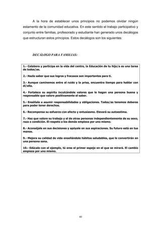 A la hora de establecer unos principios no podemos olvidar ningún
estamento de la comunidad educativa. En este sentido el trabajo participativo y
conjunto entre familias, profesorado y estudiante han generado unos decálogos
que estructuran estos principios. Estos decálogos son los siguientes:




       DECÁLOGO PARA FAMILIAS:


1.- Colabora y participa en la vida del centro, la Educación de tu hijo/a es una tarea
de todos/as.

2.- Hazle saber que sus logros y fracasos son importantes para ti.

3.- Aunque caminemos entre el ruido y la prisa, encuentra tiempo para hablar con
él/ella.

4.- Fortalece su espíritu inculcándole valores que le hagan una persona buena y
responsable que valore positivamente el saber.

5.- Enséñale a asumir responsabilidades y obligaciones. Todos/as tenemos deberes
para poder tener derechos.

6.- Recompensa su esfuerzo con afecto y entusiasmo. Elevará su autoestima.

7.- Haz que valore su trabajo y el de otras personas independientemente de su sexo,
raza o condición. El respeto a los demás empieza por uno mismo.

8.- Aconséjale en sus decisiones y apóyale en sus aspiraciones. Su futuro está en tus
manos.

9.- Mejora su calidad de vida enseñándole hábitos saludables, que le convertirán en
una persona sana.

10.- Edúcale con el ejemplo, tú eres el primer espejo en el que se mirará. El cambio
empieza por uno mismo.




                                          40
 