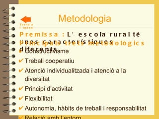 Constructivisme Treball cooperatiu Atenció individualitzada i atenció a la diversitat Principi d’activitat Flexibilitat Autonomia, hàbits de treball i responsabilitat Relació amb l’entorn Metodologia Premissa :  L’escola rural té unes característiques diferents. Principals trets metodològics : Torna a l’índex 