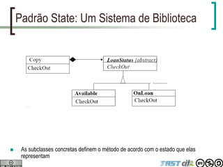Padrão State: Um Sistema de Biblioteca
 As subclasses concretas definem o método de acordo com o estado que elas
representam
 