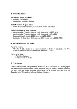 3. Nivells Educatius:

Batxillerats de les modalitats:
- Ciències i tecnologia
- Humanitats i Ciències Socials

Cicle formatius de grau mitjà:
- Cures Auxiliars d’Infermeria, durada: 1400 hores, codi: 1601

Cicles formatius de grau superior:
- Administració i Finances, durada: 2000 hores, codi LOGSE: 0252
- Administració i Finances, durada: 2000 hores, codi LOE: AGB0
- Educació Infantil, durada: 2000 hores, codi LOE: SCB0
- Laboratori de Diagnòstic Clínic, durada: 2000 hores, codi LOGSE: 1654


4. Recursos humans i de servei:

Personal docent:
- Claustre de 28 professors en règim majoritari de dedicació completa, dos dels
   quals es troben en comissió de serveis al sindicat CCOO.

Personal no docent:
     3 Administratius/ves
     3 Professionals de neteja


5. Finançament

Concert educatiu amb el Departament d’Educació de la Generalitat de Catalunya per
als ensenyaments de batxillerat i cicles formatius de grau superior. El cicle formatiu
de grau mitjà de cures auxiliars d’infermeria no té concert educatiu amb el
Departament d’Educació de la Generalitat de Catalunya.
 