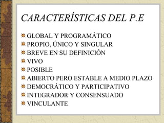 CARACTERÍSTICAS DEL P.E
GLOBAL Y PROGRAMÁTICO
PROPIO, ÚNICO Y SINGULAR
BREVE EN SU DEFINICIÓN
VIVO
POSIBLE
ABIERTO PERO ESTABLE A MEDIO PLAZO
DEMOCRÁTICO Y PARTICIPATIVO
INTEGRADOR Y CONSENSUADO
VINCULANTE

 