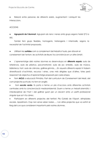 Projecte Educatiu de Centre
18
● Relació entre persones
interaccions.
ACCIONS
● Agrupació de l’alumnat: Agrupem els nens i nenes amb grups segons l’edat (P.3 a
6è).
També fem grups flexibles, homogenis,
necessitat de l’activitat proposada
● Utilitzem les sortides com
coneixement de l’entorn, les a
● L’aprenentatge dels nostres alumnes es desenvolupa en
referència, aula de plàstica, psicomotricitat, aula de joc simbòlic, aula de música,
biblioteca, hort, aula de ciències, galliner,gimnàs,….
diversificació d’activitats, recu
responent als objectius d’aprenen
•••• Fem AICLE a educació Primària. Part del currículum de Coneixement del Medi, així
com projectes puntuals, ho fem en anglès
•••• Som escola verda. Es porta a terme un pla d’accions amb diferentes activitats
centrades amb la conscienciació medioambiental. Duem a terme un
interdisciplinar de l’hort i del galliner guiat per un docent amb un perfil professional
singular que se’n fa càrrec.
•••• Participem en diferents projectes del territori: Pla Català de l’Esport, olimpiades
escolar, Apadrinem, Cap nen sens
llarg del curs que considerem importants pels nostres alumnes.
ersones de diferents edats, augmentant i enri
: Agrupem els nens i nenes amb grups segons l’edat (P.3 a
em grups flexibles, homogenis, heterogenis i internivells
necessitat de l’activitat proposada.
com a complement del treball a l’aula, per afav
activitats de lleure i la convivència en un
L’aprenentatge dels nostres alumnes es desenvolupa en diferents espais:
referència, aula de plàstica, psicomotricitat, aula de joc simbòlic, aula de música,
biblioteca, hort, aula de ciències, galliner,gimnàs,….En aquests diferen
ecursos i eines, unes més dirigides que
enentatge proposats per cada etapa.
a educació Primària. Part del currículum de Coneixement del Medi, així
com projectes puntuals, ho fem en anglès
. Es porta a terme un pla d’accions amb diferentes activitats
centrades amb la conscienciació medioambiental. Duem a terme un
interdisciplinar de l’hort i del galliner guiat per un docent amb un perfil professional
Participem en diferents projectes del territori: Pla Català de l’Esport, olimpiades
escolar, Apadrinem, Cap nen sense saber nedar,…. I en altres projectes que va sortint al
llarg del curs que considerem importants pels nostres alumnes.
iquint les
: Agrupem els nens i nenes amb grups segons l’edat (P.3 a
i internivells, segons la
afavorir el
altre àmbit.
diferents espais: aula de
referència, aula de plàstica, psicomotricitat, aula de joc simbòlic, aula de música,
erents espais hi trobem
e d’altres, totes però
a educació Primària. Part del currículum de Coneixement del Medi, així
. Es porta a terme un pla d’accions amb diferentes activitats
centrades amb la conscienciació medioambiental. Duem a terme un treball sistemàtic i
interdisciplinar de l’hort i del galliner guiat per un docent amb un perfil professional
Participem en diferents projectes del territori: Pla Català de l’Esport, olimpiades
e saber nedar,…. I en altres projectes que va sortint al
 
