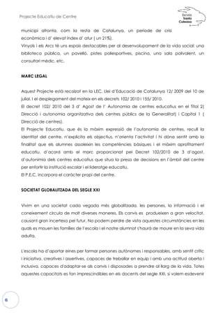 Projecte Educatiu de Centre
6
municipi afronta, com la resta de Catalunya, un període de crisi
econòmica i d’ elevat índex d’ atur ( un 21%).
Vinyols i els Arcs té uns espais destacables per al desenvolupament de la vida social: una
biblioteca pública, un pavelló, pistes poliesportives, piscina, una sala polivalent, un
consultori mèdic, etc.
MARC LEGAL
Aquest Projecte està recolzat en la LEC, Llei
juliol. I el desplegament del mateix en els decrets 102/ 2010 i 155/ 2010.
El decret 102/ 2010 del 3 d’ Agost de l’ Autonomia de centres educatius en el Títol 2(
Direcció i autonomia organitzativa dels centres púb
Direcció de centres).
El Projecte Educatiu, que és la màxim expressió de l’autonomia de centres, recull la
identitat del centre, n’explicita els objectius, n’orienta l’activitat i hi dóna sentit amb la
finalitat que els alumnes assoleixin les competències bàsiques i el màxim aprofitament
educatiu, d’acord amb el marc proporcionat pel Decret 102/2010 de 3 d’agost,
d’autonimia dels centres educatius que situa la presa de decisions en l’àmbit del centre
per enfortir la institució escolar i el lideratge educatiu.
El P.E.C. incorpora el caràcter propi del centre.
SOCIETAT GLOBALITZADA DEL SEGLE XXI
Vivim en una societat cada
coneixement circula de molt
causant gran incertesa pel fut
quals es mouen les famílies de
adulta.
L'escola ha d’aportar eines per
i iniciativa, creatives i assertives,
inclusiva, capaces d'adaptar-
aquestes capacitats es fan im
municipi afronta, com la resta de Catalunya, un període de crisi
econòmica i d’ elevat índex d’ atur ( un 21%).
Arcs té uns espais destacables per al desenvolupament de la vida social: una
biblioteca pública, un pavelló, pistes poliesportives, piscina, una sala polivalent, un
Aquest Projecte està recolzat en la LEC, Llei d’Educació de Catalunya 12/ 2009 del 10 de
juliol. I el desplegament del mateix en els decrets 102/ 2010 i 155/ 2010.
El decret 102/ 2010 del 3 d’ Agost de l’ Autonomia de centres educatius en el Títol 2(
Direcció i autonomia organitzativa dels centres públics de la Generalitat) i Capítol 1 (
El Projecte Educatiu, que és la màxim expressió de l’autonomia de centres, recull la
identitat del centre, n’explicita els objectius, n’orienta l’activitat i hi dóna sentit amb la
s alumnes assoleixin les competències bàsiques i el màxim aprofitament
educatiu, d’acord amb el marc proporcionat pel Decret 102/2010 de 3 d’agost,
d’autonimia dels centres educatius que situa la presa de decisions en l’àmbit del centre
titució escolar i el lideratge educatiu.
El P.E.C. incorpora el caràcter propi del centre.
SOCIETAT GLOBALITZADA DEL SEGLE XXI
a vegada més globalitzada, les persone
diverses maneres. Els canvis es produei
tur. No podem perdre de vista aquestes c
e l’escola i el nostre alumnat s'haurà de m
er formar persones autònomes i responsab
es, capaces de treballar en equip i amb
-se als canvis i disposades a prendre al l
mprescindibles en els docents del segle XXI,
municipi afronta, com la resta de Catalunya, un període de crisi
Arcs té uns espais destacables per al desenvolupament de la vida social: una
biblioteca pública, un pavelló, pistes poliesportives, piscina, una sala polivalent, un
d’Educació de Catalunya 12/ 2009 del 10 de
juliol. I el desplegament del mateix en els decrets 102/ 2010 i 155/ 2010.
El decret 102/ 2010 del 3 d’ Agost de l’ Autonomia de centres educatius en el Títol 2(
lics de la Generalitat) i Capítol 1 (
El Projecte Educatiu, que és la màxim expressió de l’autonomia de centres, recull la
identitat del centre, n’explicita els objectius, n’orienta l’activitat i hi dóna sentit amb la
s alumnes assoleixin les competències bàsiques i el màxim aprofitament
educatiu, d’acord amb el marc proporcionat pel Decret 102/2010 de 3 d’agost,
d’autonimia dels centres educatius que situa la presa de decisions en l’àmbit del centre
es, la informació i el
ixen a gran velocitat,
uestes circumstàncies en les
moure en la seva vida
ables, amb sentit crític
b una actitud oberta i
llarg de la vida. Totes
e XXI, si volem esdevenir
 