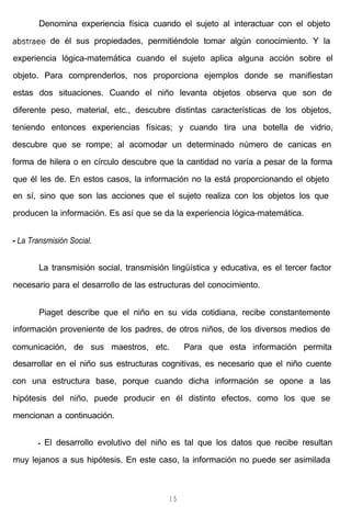 Denomina experiencia física cuando el sujeto al interactuar con el objeto
abstraee de él sus propiedades, permitiéndole tomar algún conocimiento. Y la
experiencia lógica-matemática cuando el sujeto aplica alguna acción sobre el
objeto. Para comprenderlos, nos proporciona ejemplos donde se manifiestan
estas dos situaciones. Cuando el niño levanta objetos observa que son de
diferente peso, material, etc., descubre distintas características de los objetos,
teniendo entonces experiencias físicas; y cuando tira una botella de vidrio,
descubre que se rompe; al acomodar un determinado número de canicas en
forma de hilera o en círculo descubre que la cantidad no varía a pesar de la forma
que él les de. En estos casos, la información no la está proporcionando el objeto
en sí, sino que son las acciones que el sujeto realiza con los objetos los que
producen la información. Es así que se da la experiencia lógica-matemática.
- La Transmisión Social.
La transmisión social, transmisión lingüística y educativa, es el tercer factor
necesario para el desarrollo de las estructuras del conocimiento.
Piaget describe que el niño en su vida cotidiana, recibe constantemente
información proveniente de los padres, de otros niños, de los diversos medios de
comunicación, de sus maestros, etc. Para que esta información permita
desarrollar en el niño sus estructuras cognitivas, es necesario que el niño cuente
con una estructura base, porque cuando dicha información se opone a las
hipótesis del niño, puede producir en él distinto efectos, como los que se
mencionan a continuación.
- El desarrollo evolutivo del niño es tal que los datos que recibe resultan
muy lejanos a sus hipótesis. En este caso, la información no puede ser asimilada
1 5
 