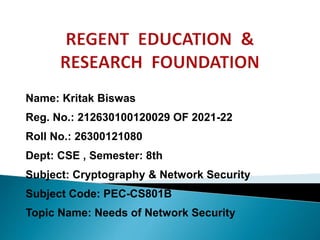 Name: Kritak Biswas
Reg. No.: 212630100120029 OF 2021-22
Roll No.: 26300121080
Dept: CSE , Semester: 8th
Subject: Cryptography & Network Security
Subject Code: PEC-CS801B
Topic Name: Needs of Network Security
 