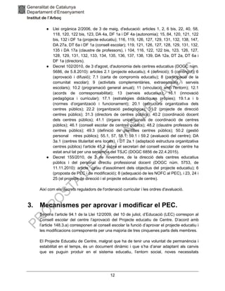 12
● Llei orgànica 2/2006, de 3 de maig, d'educació: articles 1, 2, 6 bis, 22, 40, 58,
118, 120, 122 bis, 123, DA 4a, DF 1a i DF 4a (autonomia); 15, 84, 120, 121, 122
bis, 132 i DF 1a (projecte educatiu); 116, 119, 126, 127, 129, 131, 132, 138, 147,
DA 27a, DT 6a i DF 1a (consell escolar); 119, 121, 126, 127, 128, 129, 131, 132,
135 i DA 17a (claustre de professors), i 104, 116, 122, 122 bis, 123, 126, 127,
128, 129, 131, 132, 133, 134, 135, 136, 137, 138, 139, DA 12a, DT 2a, DT 6a i
DF 1a (directors).
● Decret 102/2010, de 3 d'agost, d'autonomia dels centres educatius (DOGC núm.
5686, de 5.8.2010): articles 2.1 (projecte educatiu); 4 (definició); 5 (contingut); 6
(aprovació i difusió); 7.1 (carta de compromís educatiu); 8 (participació de la
comunitat escolar); 9 (activitats complementàries, extraescolars i serveis
escolars); 10.2 (programació general anual); 11 (vinculació amb l'entorn); 12.1
(acords de corresponsabilitat); 13 (serveis educatius); 16.1 (innovació
pedagògica i curricular); 17.1 (estratègies didàctiques pròpies); 19.1.a i b
(normes d’organització i funcionament); 20.1 (estructura organitzativa dels
centres públics); 22.2 (organització pedagògica); 31.2 (projecte de direcció
centres públics); 31.3 (directors de centres públics); 40.2 (coordinació docent
dels centres públics); 41.1 (òrgans unipersonals de coordinació de centres
públics); 46.1 (consell escolar de centres públics); 48.2 (claustre professors de
centres públics); 49.3 (definició de plantilles centres públics); 50.2 (gestió
personal ntres públics); 55.1, 57, 58.1, 59.1 i 59.2 (avaluació del centre); DA
3a.1 (centres titularitat ens locals), i DT 2a.1 (adaptació estructura organitzativa
centres públics) l’article 45.2 sobre el secretari del consell escolar de centre ha
estat anul·lat per una sentència del TSJC (DOGC 6856 de 22.4.2015).
● Decret 155/2010, de 2 de novembre, de la direcció dels centres educatius
públics i del personal directiu professional docent (DOGC núm. 5753, de
11.11.2010): article (grau d'assoliment dels objectius del projecte educatiu); 6
(proposta de PEC i de modificació); 8 (adequació de les NOFC al PEC), i 23, 24 i
25 (el projecte de direcció i el projecte educatiu de centre).
Així com els decrets reguladors de l'ordenació curricular i les ordres d'avaluació.
3. Mecanismes per aprovar i modificar el PEC.
Segons l’article 94.1 de la Llei 12/2009, del 10 de juliol, d’Educació (LEC) correspon al
Consell escolar del centre l’aprovació del Projecte educatiu de Centre. D’acord amb
l’article 148.3.a) corresponen al consell escolar la funció d’aprovar el projecte educatiu i
les modificacions corresponents per una majoria de tres cinquenes parts dels membres.
El Projecte Educatiu de Centre, malgrat que ha de tenir una voluntat de permanència i
estabilitat en el temps, és un document dinàmic i que s’ha d’anar adaptant als canvis
que es puguin produir en el sistema educatiu, l’entorn social, noves necessitats
 