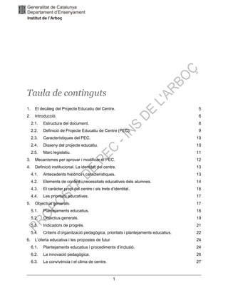 1
Taula de continguts
1. El decàleg del Projecte Educatiu del Centre. 5
2. Introducció. 6
2.1. Estructura del document. 8
2.2. Definició de Projecte Educatiu de Centre (PEC). 9
2.3. Característiques del PEC. 10
2.4. Disseny del projecte educatiu. 10
2.5. Marc legislatiu. 11
3. Mecanismes per aprovar i modificar el PEC. 12
4. Definició institucional. La identitat del centre. 13
4.1. Antecedents històrics i característiques. 13
4.2. Elements de context i necessitats educatives dels alumnes. 14
4.3. El caràcter propi del centre i els trets d’identitat. 16
4.4. Les prioritats educatives. 17
5. Objectius generals. 17
5.1. Plantejaments educatius. 18
5.2. Objectius generals. 19
5.3. Indicadors de progrés. 21
5.4. Criteris d’organització pedagògica, prioritats i plantejaments educatius. 22
6. L’oferta educativa i les propostes de futur 24
6.1. Plantejaments educatius i procediments d’inclusió. 24
6.2. La innovació pedagògica. 26
6.3. La convivència i el clima de centre. 27
 