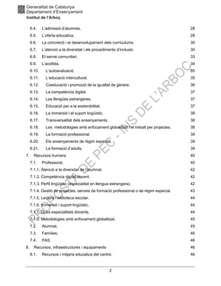 2
6.4. L’admissió d’alumnes. 28
6.5. L’oferta educativa. 28
6.6. La concreció i el desenvolupament dels currículums. 30
6.7. L’atenció a la diversitat i els procediments d’inclusió. 30
6.8. El servei comunitari. 33
6.9. L’acollida. 34
6.10. L’autoavaluació. 35
6.11. L’educació intercultural. 35
6.12. Coeducació i promoció de la igualtat de gènere. 36
6.13. La competència digital. 37
6.14. Les llengües estrangeres. 37
6.15. Educació per a la sostenibilitat. 37
6.16. La immersió i el suport lingüístic. 38
6.17. Transversalitat dels ensenyaments. 38
6.18. Les metodologies amb enfocament globalitzat i el treball per projectes. 38
6.19. La formació professional. 39
6.20. Els ensenyaments de règim especial. 39
6.21. La formació d’adults. 39
7. Recursos humans 40
7.1. Professorat. 40
7.1.1. Atenció a la diversitat de l’alumnat. 42
7.1.2. Competència digital docent. 42
7.1.3. Perfil lingüístic (especialitat en llengua estrangera). 42
7.1.4. Gestió de projectes, serveis de formació professional o de règim especial. 43
7.1.5. Lectura i biblioteca escolar. 44
7.1.6. Immersió i suport lingüístic. 44
7.1.7. Dues especialitats docents. 44
7.1.8. Metodologies amb enfocament globalitzat. 45
7.2. Alumnat. 45
7.3. Famílies. 46
7.4. PAS. 46
8. Recursos, infraestructures i equipaments 46
8.1. Recursos i mitjans educatius del centre. 46
 