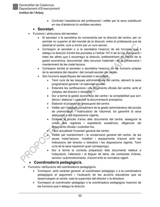 50
• Controlar l’assistència del professorat i vetllar per la seva substitució
en cas d’absència i/o sortides escolars.
• Secretari.
• Funcions i atribucions del secretari:
• El secretari o la secretària és nomenat/da per la direcció del centre, per un
període no superior al del mandat de la direcció, entre el professorat que és
destinat al centre, com a mínim per un curs sencer.
• Correspon al secretari o a la secretària l’exercici de les funcions que li
delegui la direcció d’entre les previstes a l’article 147.4 de la Llei d’educació i
totes les altres que li encarregui la direcció, preferentment en l’àmbit de la
gestió econòmica, documental, dels recursos materials i de la conservació i
manteniment de les instal·lacions.
• Correspon també al secretari o secretària l’exercici de les funcions pròpies
de la secretaria del claustre i del consell escolar del centre.
• Són funcions específiques del secretari o secretària:
• Tenir cura de les tasques administratives del centre, atenent la seva
programació general i el calendari escolar.
• Estendre les certificacions i els documents oficials del centre, amb el
vistiplau del director o directora.
• Dur a terme la gestió econòmica del centre i la comptabilitat que se’n
deriva i elaborar i custodiar la documentació preceptiva.
• Elaborar el projecte de pressupost del centre.
• Vetllar per l’adequat compliment de la gestió administrativa del procés
de preinscripció i matriculació de l’alumnat, tot garantint la seva
adequació a les disposicions vigents.
• Ordenar el procés d’arxiu dels documents del centre, assegurar la
unitat dels registres i expedients acadèmics, diligenciar els
documents oficials i custodiar-los.
• Tenir actualitzat l’inventari general del centre.
• Vetllar pel manteniment i la conservació general del centre, de les
seves instal·lacions, mobiliari i equipaments d’acord amb les
indicacions del director o directora i les disposicions vigents. Tenir
cura de la seva reparació quan correspongui.
• Dur a terme la correcta preparació dels documents relatius a
l’adquisició, l’alienació i el lloguer de béns, els contractes d’obres,
serveis i subministraments, d’acord amb la normativa vigent.
• Coordinador/a pedagògic/a.
• Funcions i atribucions del coordinador/a pedagògic/a.
• Correspon, amb caràcter general, al coordinador pedagògic o a la coordinadora
pedagògica el seguiment i l’avaluació de les accions educatives que es
desenvolupen al centre, sota la supervisió del director o la directora.
• Correspon al coordinador pedagògic o la coordinadora pedagògica l’exercici de
les funcions que li delegui la direcció.
 