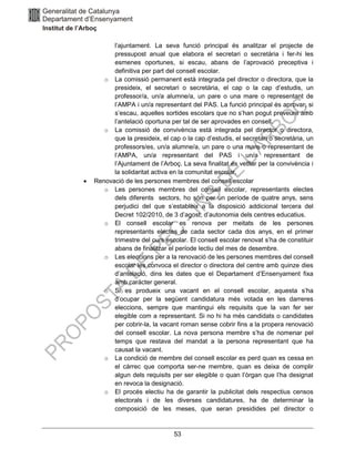 53
l’ajuntament. La seva funció principal és analitzar el projecte de
pressupost anual que elabora el secretari o secretària i fer-hi les
esmenes oportunes, si escau, abans de l’aprovació preceptiva i
definitiva per part del consell escolar.
o La comissió permanent està integrada pel director o directora, que la
presideix, el secretari o secretària, el cap o la cap d’estudis, un
professor/a, un/a alumne/a, un pare o una mare o representant de
l’AMPA i un/a representant del PAS. La funció principal és aprovar, si
s’escau, aquelles sortides escolars que no s’han pogut preveure amb
l’antelació oportuna per tal de ser aprovades en consell.
o La comissió de convivència està integrada pel director o directora,
que la presideix, el cap o la cap d’estudis, el secretari o secretària, un
professors/es, un/a alumne/a, un pare o una mare o representant de
l’AMPA, un/a representant del PAS i un/a representant de
l’Ajuntament de l’Arboç. La seva finalitat és vetllar per la convivència i
la solidaritat activa en la comunitat escolar.
• Renovació de les persones membres del consell escolar
o Les persones membres del consell escolar, representants electes
dels diferents sectors, ho són per un període de quatre anys, sens
perjudici del que s’estableix a la disposició addicional tercera del
Decret 102/2010, de 3 d’agost, d’autonomia dels centres educatius.
o El consell escolar es renova per meitats de les persones
representants electes de cada sector cada dos anys, en el primer
trimestre del curs escolar. El consell escolar renovat s’ha de constituir
abans de finalitzar el període lectiu del mes de desembre.
o Les eleccions per a la renovació de les persones membres del consell
escolar les convoca el director o directora del centre amb quinze dies
d’antelació, dins les dates que el Departament d’Ensenyament fixa
amb caràcter general.
o Si es produeix una vacant en el consell escolar, aquesta s’ha
d’ocupar per la següent candidatura més votada en les darreres
eleccions, sempre que mantingui els requisits que la van fer ser
elegible com a representant. Si no hi ha més candidats o candidates
per cobrir-la, la vacant roman sense cobrir fins a la propera renovació
del consell escolar. La nova persona membre s’ha de nomenar pel
temps que restava del mandat a la persona representant que ha
causat la vacant.
o La condició de membre del consell escolar es perd quan es cessa en
el càrrec que comporta ser-ne membre, quan es deixa de complir
algun dels requisits per ser elegible o quan l’òrgan que l’ha designat
en revoca la designació.
o El procés electiu ha de garantir la publicitat dels respectius censos
electorals i de les diverses candidatures, ha de determinar la
composició de les meses, que seran presidides pel director o
 