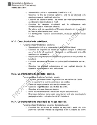 55
• Supervisar i coordinar la implementació del PAT a l’ESO.
• Coordinar la tria de matèries optatives amb la col·laboració dels
coordinadors/es de nivell i dels tutors/es.
• Coordinar els crèdits de síntesi i els treballs de síntesi conjuntament els
coordinadors i coordinadores de nivell.
• Coordinar les sessions d’avaluació amb la col·laboració dels
coordinadors/es de nivell i dels tutors/es.
• Col·laborar amb els especialistes d’Orientació educativa en el seguiment
de l’atenció a la diversitat en el centre.
• Fer d’enllaç entre l’equip de coordinadors/es, els equips docents i l’equip
directiu.
9.3.2. Coordinador/a de batxillerat.
• Funcions del coordinador/a de batxillerat:
• Supervisar i coordinar la implementació del PAT al batxillerat.
• Coordinar les propostes de treballs de recerca i assignar el professorat
que n’ha de fer el seguiment i l’avaluació, en col·laboració amb el/la
coordinador/a pedagògic/a.
• Organitzar i dirigir l’orientació acadèmica i professional dels alumnes de
batxillerat.
• Coordinar les qüestions relatives a la preinscripció universitària, les PAU,
etc.
• Coordinar les activitats extraescolars en què participi alumnat de
batxillerat, en col·laboració amb els tutors/es.
9.3.3. Coordinador/a d’activitats i serveis.
Funcions del coordinador/a d’activitats i serveis:
• Coordinar, per nivells i àrees, l’organització de les sortides del centre.
• Fer el seguiment i el control econòmic de les sortides.
• Presentar les propostes de sortides al consell escolar.
• Coordinar l’organització de les activitats del centre.
• Coordinar la jornada de portes obertes.
• Donar a conèixer el centre a través dels mitjans de comunicació.
• Dinamitzar els temes transversals conjuntament amb el/la coordinador/a
pedagògic/a i els coordinadors/es d’ESO i batxillerat.
9.3.4. Coordinador/a de prevenció de riscos laborals.
Funcions del coordinador/a de prevenció de riscos laborals:
• Coordinar les actuacions en matèria de seguretat i salut, així com
promoure i fomentar l’interès i la cooperació de tot el personal del centre
 