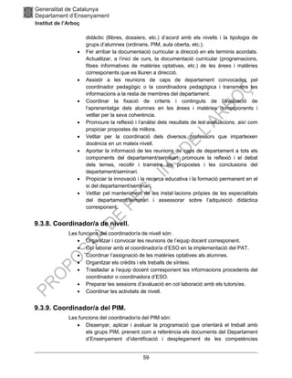 59
didàctic (llibres, dossiers, etc.) d’acord amb els nivells i la tipologia de
grups d’alumnes (ordinaris, PIM, aula oberta, etc.).
• Fer arribar la documentació curricular a direcció en els terminis acordats.
Actualitzar, a l’inici de curs, la documentació curricular (programacions,
fitxes informatives de matèries optatives, etc.) de les àrees i matèries
corresponents que es lliuren a direcció.
• Assistir a les reunions de caps de departament convocades pel
coordinador pedagògic o la coordinadora pedagògica i transmetre les
informacions a la resta de membres del departament.
• Coordinar la fixació de criteris i continguts de l’avaluació de
l’aprenentatge dels alumnes en les àrees i matèries corresponents i
vetllar per la seva coherència.
• Promoure la reflexió i l’anàlisi dels resultats de les avaluacions, així com
propiciar propostes de millora.
• Vetllar per la coordinació dels diversos professors que imparteixen
docència en un mateix nivell.
• Aportar la informació de les reunions de caps de departament a tots els
components del departament/seminari, promoure la reflexió i el debat
dels temes, recollir i trametre les propostes i les conclusions del
departament/seminari.
• Propiciar la innovació i la recerca educativa i la formació permanent en el
si del departament/seminari.
• Vetllar pel manteniment de les instal·lacions pròpies de les especialitats
del departament/seminari i assessorar sobre l’adquisició didàctica
corresponent.
9.3.8. Coordinador/a de nivell.
Les funcions del coordinador/a de nivell són:
• Organitzar i convocar les reunions de l’equip docent corresponent.
• Col·laborar amb el coordinador/a d’ESO en la implementació del PAT.
• Coordinar l’assignació de les matèries optatives als alumnes.
• Organitzar els crèdits i els treballs de síntesi.
• Traslladar a l’equip docent corresponent les informacions procedents del
coordinador o coordinadora d’ESO.
• Preparar les sessions d’avaluació en col·laboració amb els tutors/es.
• Coordinar les activitats de nivell.
9.3.9. Coordinador/a del PIM.
Les funcions del coordinador/a del PIM són:
• Dissenyar, aplicar i avaluar la programació que orientarà el treball amb
els grups PIM, prenent com a referència els documents del Departament
d’Ensenyament d’identificació i desplegament de les competències
 