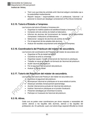 63
• Tenir cura que totes les activitats amb l’alumnat estiguin orientades cap a
la sostenibilitat mediambiental.
• Repartir tasques i responsabilitats entre el professorat, l’alumnat i el
personal no docent per desplegar correctament el Pla d’Acció Ambiental.
9.3.15. Tutor/a d’Estada a l’empresa.
Les funcions del tutor/a d’Estada a l’empresa són:
• Organitzar la matèria optativa de batxillerat Estada a l’empresa.
• Contactar amb els centres de treball col·laboradors.
• Informar els alumnes del funcionament de l’estada i de la disponibilitat
d’empreses i institucions col·laboradores.
• Seleccionar i assignar els alumnes als centres de treball.
• Fer el seguiment de les estades dels alumnes.
• Avaluar els resultats conjuntament amb el/la tutor/a d’empresa.
9.3.16. Coordinador/a del Pràcticum del màster de secundària.
Les funcions del coordinador/a del Pràcticum del màster de secundaria són:
• Organitzar el Pla de treball del centre.
• Coordinar-se amb la universitat.
• Organitzar espais i horaris d’intervenció de l’alumnat en pràctiques.
• Treballar en equip en relació a la formació de l’alumnat del pràcticum.
• Acollir l’alumnat del pràcticum.
• Fer el seguiment i el tancament del pràcticum.
• Avaluar el Pla de treball.
9.3.17. Tutor/a del Pràcticum del màster de secundària.
Les funcions del tutor/a del Pràcticum del màster de secundària són:
• Coordinar el seguiment del pràcticum.
• Acompanyar l’alumnat en pràctiques en la seva estada al centre.
• Dissenyar activitats d’ensenyament-aprenentatge.
• Acordar intervencions puntuals de l’alumnat del pràcticum.
• Implicar l’alumnat en pràctiques en el procés d’avaluació.
• Presentar estratègies per dinamitzar la tutoria.
• Participar en l’avaluació de l’alumnat del pràcticum.
9.3.18. Altres.
Cada curs es poden crear coordinacions per donar resposta a necessitats del
centre: atenció a les taquilles dels alumnes, atenció a les taquilles del
professorat, etc. En particular, quan una tutoria tingui especial dificultat es mirarà
 
