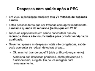 Despesas com saúde após a PEC
● Em 2030 a população brasileira terá 21 milhões de pessoas
a mais.
● Estas pessoas terão que ser tratadas com aproximadamente
a mesma quantia de recursos (reais) que em 2017.
● Todos os especialistas em saúde concordam que os
recursos atuais são insuficientes para prestar serviços de
qualidade.
● Governo: apenas as despesas totais são congeladas, saúde
pode aumentar se reduzir de outras áreas...
– Ok, mas vai tirar de onde?? (vide gráfico do orçamento)
– A maioria das despesas primárias, como previdência e
funcionalismo, é rígida. Há pouca margem para
remanejamento.
 