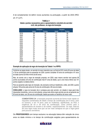 texto-síntese e comentários: PEC 06/2019
A lei complementar irá definir novos aumentos na pontuação, a partir de 2033 (PEC
art. 3º, § 3º).
TABELA 1
Idade e pontos necessários para a aposentadoria voluntária do servidor
civil, não professor, na regra de transição
Mulheres Homens
Idade Pontos Idade Pontos
2019 56 86 61 96
2020 56 87 61 97
2021 56 88 61 98
2022 57 89 62 99
2023 57 90 62 100
2024 57 91 62 101
2025 57 92 62 102
2026 57 93 62 103
2027 57 94 62 104
2028 57 95 62 105
2029 57 96 62 105
2030 57 97 62 105
2031 57 98 62 105
2032 57 99 62 105
2033 57 100 62 105
Exemplo de aplicação da regra de transição da Tabela 1 no RPPS:
Conforme as regras atuais, um servidor do sexo masculino que, ao final de 2019, tenha 56 anos de idade
e 30 de contribuição pode se aposentar em 2024, quando completar 35 anos de contribuição e 61 anos
de idade (acima do limite mínimo de 60 anos).
Mas, de acordo com a regra de transição proposta, em 2024, esse mesmo servidor terá apenas 96
pontos acumulados (35 anos de contribuição mais 61 anos de idade), que é uma marca inferior aos 101
pontos exigidos na tabela anterior.
Para se aposentar pela regra de transição, ele precisaria continuar trabalhando, então, até 2029, quando
atingiria 106 pontos pela soma de 40 anos de contribuição e 66 anos de idade.
CONCLUSÃO: a regra de transição não é vantajosa para este servidor, em relação à regra geral (das
disposições transitórias, como se verá adiante), porque esta última regra permite que ele se aposente aos
65 anos de idade, com 39 anos de contribuição, desde que aceite um benefício de menor valor.
COMENTÁRIO 24: a transição proposta aumenta de forma muito rápida os
requisitos combinados de idade e tempo de contribuição (em 9 anos, para
os homens, e em 14 anos, para as mulheres), significando, ao final, a
exigência de 43 e 38 anos de contribuição, como mínimo para a
aposentadoria do homem e da mulher, respectivamente. Ou seja, trata-se
de uma regra muito dura que vai ser mais vantajosa do que a regra geral
para poucos servidores.
Os PROFESSORES com tempo exclusivo na educação básica têm redução de cinco
anos na idade mínima e no tempo de contribuição exigidos para aposentadoria do
 