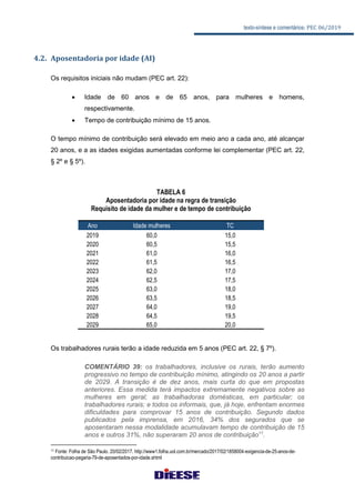 texto-síntese e comentários: PEC 06/2019
4.2. Aposentadoria por idade (AI)
Os requisitos iniciais não mudam (PEC art. 22):
 Idade de 60 anos e de 65 anos, para mulheres e homens,
respectivamente.
 Tempo de contribuição mínimo de 15 anos.
O tempo mínimo de contribuição será elevado em meio ano a cada ano, até alcançar
20 anos, e a as idades exigidas aumentadas conforme lei complementar (PEC art. 22,
§ 2º e § 5º).
TABELA 6
Aposentadoria por idade na regra de transição
Requisito de idade da mulher e de tempo de contribuição
Ano Idade mulheres TC
2019 60,0 15,0
2020 60,5 15,5
2021 61,0 16,0
2022 61,5 16,5
2023 62,0 17,0
2024 62,5 17,5
2025 63,0 18,0
2026 63,5 18,5
2027 64,0 19,0
2028 64,5 19,5
2029 65,0 20,0
Os trabalhadores rurais terão a idade reduzida em 5 anos (PEC art. 22, § 7º).
COMENTÁRIO 39: os trabalhadores, inclusive os rurais, terão aumento
progressivo no tempo de contribuição mínimo, atingindo os 20 anos a partir
de 2029. A transição é de dez anos, mais curta do que em propostas
anteriores. Essa medida terá impactos extremamente negativos sobre as
mulheres em geral; as trabalhadoras domésticas, em particular; os
trabalhadores rurais; e todos os informais, que, já hoje, enfrentam enormes
dificuldades para comprovar 15 anos de contribuição. Segundo dados
publicados pela imprensa, em 2016, 34% dos segurados que se
aposentaram nessa modalidade acumulavam tempo de contribuição de 15
anos e outros 31%, não superaram 20 anos de contribuição11
.
11 Fonte: Folha de São Paulo. 20/02/2017. http://www1.folha.uol.com.br/mercado/2017/02/1858004-exigencia-de-25-anos-de-
contribuicao-pegaria-79-de-aposentados-por-idade.shtml
 
