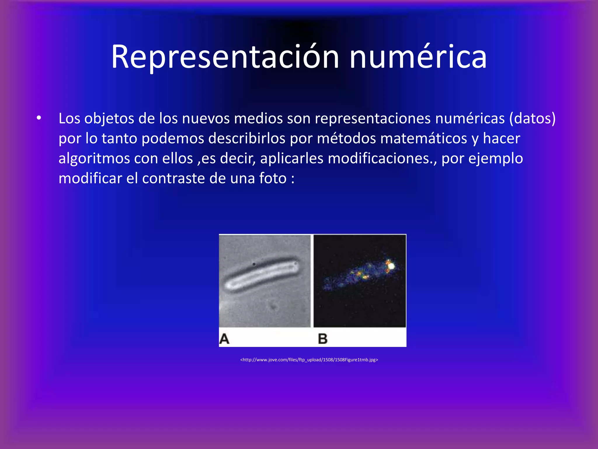Representación numéricaLos objetos de los nuevos medios son representaciones numéricas (datos) por lo tanto podemos describirlos por métodos matemáticos y hacer algoritmos con ellos ,es decir, aplicarles modificaciones., por ejemplo modificar el contraste de una foto : 			                      <http://www.jove.com/files/ftp_upload/1508/1508Figure1tmb.jpg>