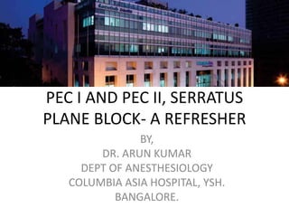 PEC I AND PEC II, SERRATUS
PLANE BLOCK- A REFRESHER
BY,
DR. ARUN KUMAR
DEPT OF ANESTHESIOLOGY
COLUMBIA ASIA HOSPITAL, YSH....