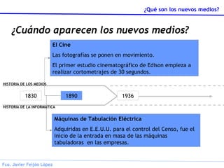 ¿Cuándo aparecen los nuevos medios? 1830 1890 1936 El Cine Las fotografías se ponen en movimiento. El primer estudio cinematográfico de Edison empieza a realizar cortometrajes de 30 segundos. Máquinas de Tabulación Eléctrica Adquiridas en E.E.U.U. para el control del Censo, fue el inicio de la entrada en masa de las máquinas tabuladoras  en las empresas. HISTORIA DE LA INFORMATICA HISTORIA DE LOS MEDIOS 