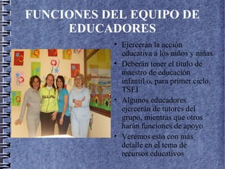 FUNCIONES DEL EQUIPO DE
EDUCADORES
• Ejercerán la acción
educativa a los niños y niñas
• Deberán tener el título de
maestro de educación
infantil o, para primer ciclo,
TSEI
• Algunos educadores
ejercerán de tutores del
grupo, mientras que otros
harán funciones de apoyo
• Veremos esto con más
detalle en el tema de
recursos educativos
 