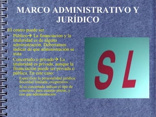 MARCO ADMINISTRATIVO Y
JURÍDICO
El centro puede ser
• Público La financiacion y la
titularidad es de alguna
administración. Deberíamos
indicar de que administración se
trata
• Concertado o privado La
titularidad es privada, aunque la
financiación puede ser privada o
pública. En este caso:
- Especificar la personalidad jurídica:
Sociedad limitada, cooperativa….
- Si es concertado indicar el tipo de
concierto, para cuantas plazas, y
con que administración
 