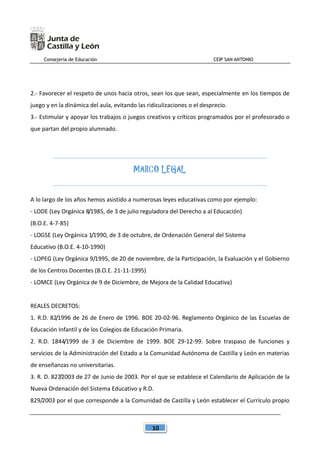Consejería de Educación CEIP SAN ANTONIO
10
2.- Favorecer el respeto de unos hacia otros, sean los que sean, especialmente en los tiempos de
juego y en la dinámica del aula, evitando las ridiculizaciones o el desprecio.
3.- Estimular y apoyar los trabajos o juegos creativos y críticos programados por el profesorado o
que partan del propio alumnado.
MARCO LEGAL
A lo largo de los años hemos asistido a numerosas leyes educativas como por ejemplo:
- LODE (Ley Orgánica 8/1985, de 3 de julio reguladora del Derecho a al Educación)
(B.O.E. 4-7-85)
- LOGSE (Ley Orgánica 1/1990, de 3 de octubre, de Ordenación General del Sistema
Educativo (B.O.E. 4-10-1990)
- LOPEG (Ley Orgánica 9/1995, de 20 de noviembre, de la Participación, la Evaluación y el Gobierno
de los Centros Docentes (B.O.E. 21-11-1995)
- LOMCE (Ley Orgánica de 9 de Diciembre, de Mejora de la Calidad Educativa)
REALES DECRETOS:
1. R.D. 82/1996 de 26 de Enero de 1996. BOE 20-02-96. Reglamento Orgánico de las Escuelas de
Educación Infantil y de los Colegios de Educación Primaria.
2. R.D. 1844/1999 de 3 de Diciembre de 1999. BOE 29-12-99. Sobre traspaso de funciones y
servicios de la Administración del Estado a la Comunidad Autónoma de Castilla y León en materias
de enseñanzas no universitarias.
3. R. D. 827/2003 de 27 de Junio de 2003. Por el que se establece el Calendario de Aplicación de la
Nueva Ordenación del Sistema Educativo y R.D.
829/2003 por el que corresponde a la Comunidad de Castilla y León establecer el Currículo propio
 