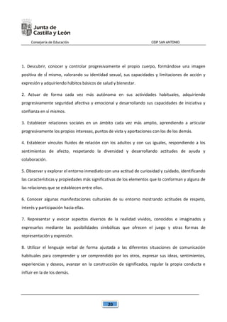 Consejería de Educación CEIP SAN ANTONIO
20
1. Descubrir, conocer y controlar progresivamente el propio cuerpo, formándose una imagen
positiva de sÍ mismo, valorando su identidad sexual, sus capacidades y limitaciones de acción y
expresión y adquiriendo hábitos básicos de salud y bienestar.
2. Actuar de forma cada vez más autónoma en sus actividades habituales, adquiriendo
progresivamente seguridad afectiva y emocional y desarrollando sus capacidades de iniciativa y
confianza en sí mismos.
3. Establecer relaciones sociales en un ámbito cada vez más amplio, aprendiendo a articular
progresivamente los propios intereses, puntos de vista y aportaciones con los de los demás.
4. Establecer vínculos fluidos de relación con los adultos y con sus iguales, respondiendo a los
sentimientos de afecto, respetando la diversidad y desarrollando actitudes de ayuda y
colaboración.
5. Observar y explorar el entorno inmediato con una actitud de curiosidad y cuidado, identificando
las características y propiedades más significativas de los elementos que lo conforman y alguna de
las relaciones que se establecen entre ellos.
6. Conocer algunas manifestaciones culturales de su entorno mostrando actitudes de respeto,
interés y participación hacia ellas.
7. Representar y evocar aspectos diversos de la realidad vividos, conocidos e imaginados y
expresarlos mediante las posibilidades simbólicas que ofrecen el juego y otras formas de
representación y expresión.
8. Utilizar el lenguaje verbal de forma ajustada a las diferentes situaciones de comunicación
habituales para comprender y ser comprendido por los otros, expresar sus ideas, sentimientos,
experiencias y deseos, avanzar en la construcción de significados, regular la propia conducta e
influir en la de los demás.
 