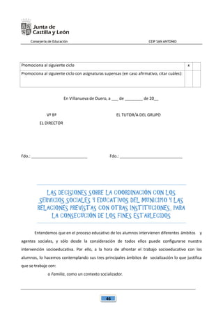 Consejería de Educación CEIP SAN ANTONIO
46
Promociona al siguiente ciclo x
Promociona al siguiente ciclo con asignaturas supensas (en caso afirmativo, citar cuáles):
En Villanueva de Duero, a ___ de ________ de 20__
Vº Bº EL TUTOR/A DEL GRUPO
EL DIRECTOR
Fdo.: _________________________ Fdo.: ____________________________
LAS DECISIONES SOBRE LA COORDINACIÓN CON LOS
SERVICIOS SOCIALES Y EDUCATIVOS DEL MUNICIPIO Y LAS
RELACIONES PREVISTAS CON OTRAS INSTITUCIONES, PARA
LA CONSECUCIÓN DE LOS FINES ESTABLECIDOS
Entendemos que en el proceso educativo de los alumnos intervienen diferentes ámbitos y
agentes sociales, y sólo desde la consideración de todos ellos puede configurarse nuestra
intervención socioeducativa. Por ello, a la hora de afrontar el trabajo socioeducativo con los
alumnos, lo hacemos contemplando sus tres principales ámbitos de socialización lo que justifica
que se trabaje con:
o Familia, como un contexto socializador.
 
