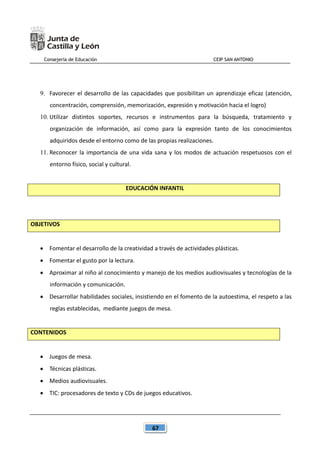 Consejería de Educación CEIP SAN ANTONIO
67
9. Favorecer el desarrollo de las capacidades que posibilitan un aprendizaje eficaz (atención,
concentración, comprensión, memorización, expresión y motivación hacia el logro)
10. Utilizar distintos soportes, recursos e instrumentos para la búsqueda, tratamiento y
organización de información, así como para la expresión tanto de los conocimientos
adquiridos desde el entorno como de las propias realizaciones.
11. Reconocer la importancia de una vida sana y los modos de actuación respetuosos con el
entorno físico, social y cultural.
EDUCACIÓN INFANTIL
OBJETIVOS
 Fomentar el desarrollo de la creatividad a través de actividades plásticas.
 Fomentar el gusto por la lectura.
 Aproximar al niño al conocimiento y manejo de los medios audiovisuales y tecnologías de la
información y comunicación.
 Desarrollar habilidades sociales, insistiendo en el fomento de la autoestima, el respeto a las
reglas establecidas, mediante juegos de mesa.
CONTENIDOS
 Juegos de mesa.
 Técnicas plásticas.
 Medios audiovisuales.
 TIC: procesadores de texto y CDs de juegos educativos.
 