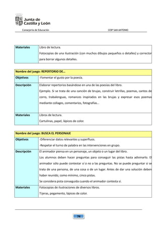 Consejería de Educación CEIP SAN ANTONIO
74
Materiales Libro de lectura.
Fotocopias de una ilustración (con muchos dibujos pequeños o detalles) y corrector
para borrar algunos detalles.
Nombre del juego: REPERTORIO DE…
Objetivos -Fomentar el gusto por la poesía.
Descripción Elaborar repertorios basándose en una de las poesías del libro.
Ejemplo. Si se trata de una canción de brujas, construir letrillas, poemas, cantos de
corro, trabalenguas, romances inspirados en las brujas y expresar esos poemas
mediante collages, comentarios, fotografías…
Materiales Libros de lectura.
Cartulinas, papel, lápices de color.
Nombre del juego: BUSCA EL PERSONAJE
Objetivos -Diferenciar datos relevantes y superfluos.
-Respetar el turno de palabra en las intervenciones en grupo.
Descripción El animador piensa en un personaje, un objeto o un lugar del libro.
Los alumnos deben hacer preguntas para conseguir las pistas hasta adivinarlo. El
animador sólo puede contestar sí o no a las preguntas. No se puede preguntar si se
trata de una persona, de una cosa o de un lugar. Antes de dar una solución deben
haber reunido, como mínimo, cinco pistas.
Se considera pista conseguida cuando el animador contesta sí.
Materiales Fotocopias de ilustraciones de diversos libros.
Tijeras, pegamento, lápices de color.
 