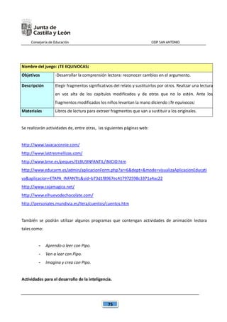 Consejería de Educación CEIP SAN ANTONIO
75
Nombre del juego: ¡TE EQUIVOCAS¡
Objetivos -Desarrollar la comprensión lectora: reconocer cambios en el argumento.
Descripción Elegir fragmentos significativos del relato y sustituirlos por otros. Realizar una lectura
en voz alta de los capítulos modificados y de otros que no lo estén. Ante los
fragmentos modificados los niños levantan la mano diciendo ¡Te equivocas¡
Materiales Libros de lectura para extraer fragmentos que van a sustituir a los originales.
Se realizarán actividades de, entre otras, las siguientes páginas web:
http://www.lavacaconnie.com/
http://www.lastresmellizas.com/
http://www.bme.es/peques/ELBUSINFANTIL/INICIO.htm
http://www.educarm.es/admin/aplicacionForm.php?ar=6&dept=&mode=visualizaAplicacionEducati
va&aplicacion=ETAPA_INFANTIL&sid=b73d1f8967ec417972598c3371a4ac22
http://www.cajamagica.net/
http://www.elhuevodechocolate.com/
http://personales.mundivia.es/llera/cuentos/cuentos.htm
También se podrán utilizar algunos programas que contengan actividades de animación lectora
tales como:
- Aprendo a leer con Pipo.
- Ven a leer con Pipo.
- Imagina y crea con Pipo.
Actividades para el desarrollo de la inteligencia.
 