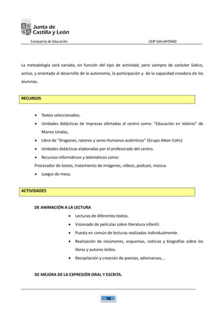 Consejería de Educación CEIP SAN ANTONIO
78
La metodología será variada, en función del tipo de actividad, pero siempre de carácter lúdico,
activo, y orientada al desarrollo de la autonomía, la participación y de la capacidad creadora de los
alumnos.
RECURSOS
 Textos seleccionados.
 Unidades didácticas de impresas ofertadas al centro como: "Educación en Valores" de
Manos Unidas,
 Libro de "Dragones, ratones y seres Humanos auténticos" (Grupo Albor-Cohs)
 Unidades didácticas elaboradas por el profesorado del centro.
 Recursos informáticos y telemáticos como:
Procesador de textos, tratamiento de imágenes, vídeos, podcast, música.
 Juegos de mesa.
ACTIVIDADES
DE ANIMACIÓN A LA LECTURA
 Lecturas de diferentes textos.
 Visionado de películas sobre literatura infantil.
 Puesta en común de lecturas realizadas individualmente.
 Realización de resúmenes, esquemas, noticias y biografías sobre los
libros y autores leídos.
 Recopilación y creación de poesías, adivinanzas,…
DE MEJORA DE LA EXPRESIÓN ORAL Y ESCRITA.
 